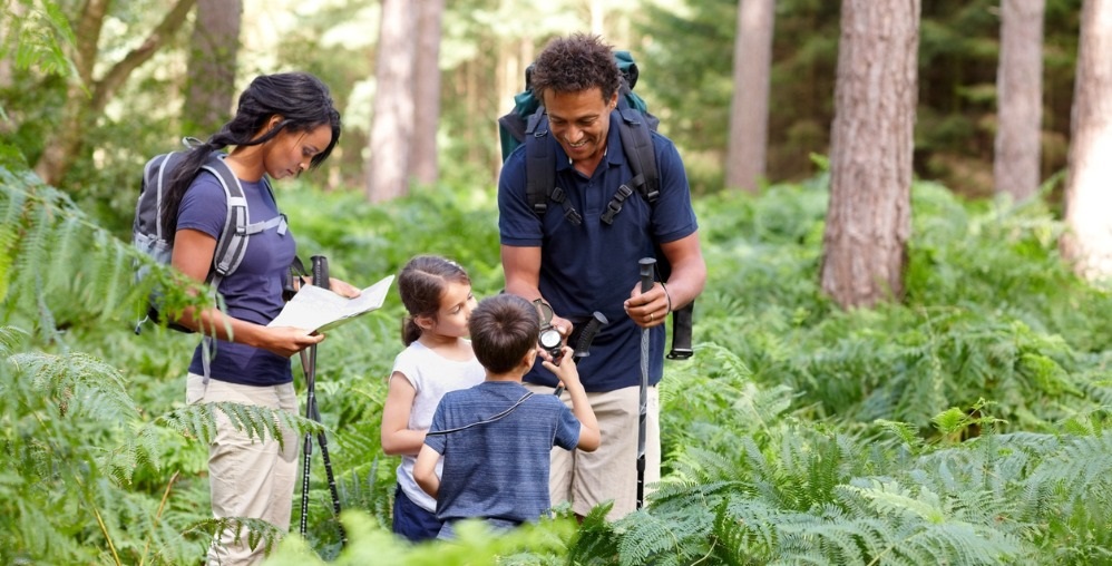 Young family hiking in forest