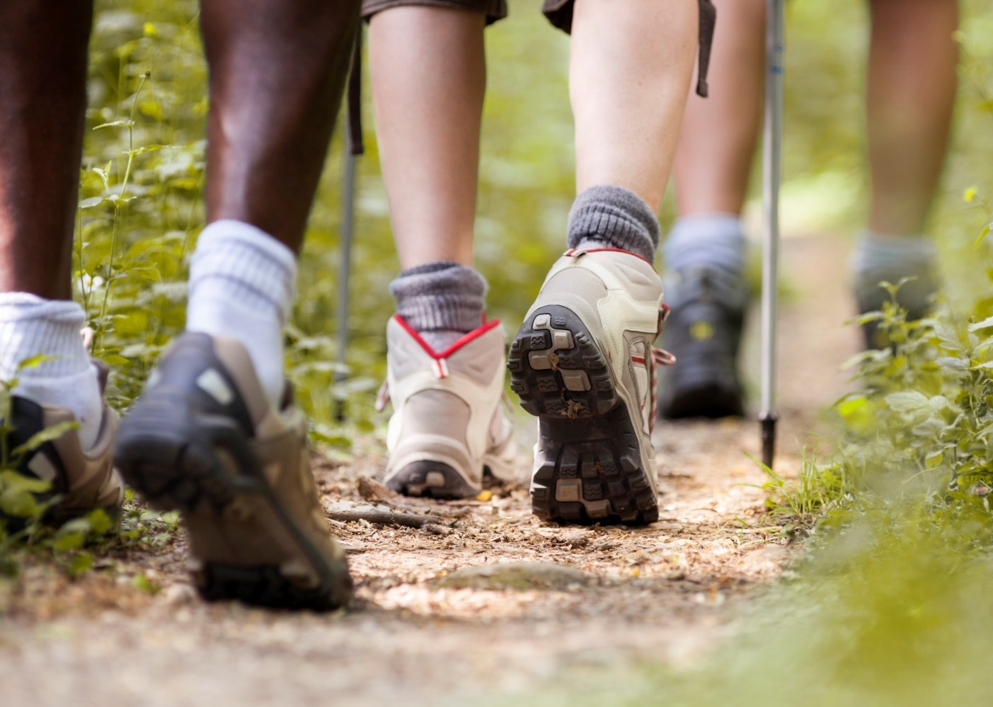 Closeup of hikers' feet walking down a trail.